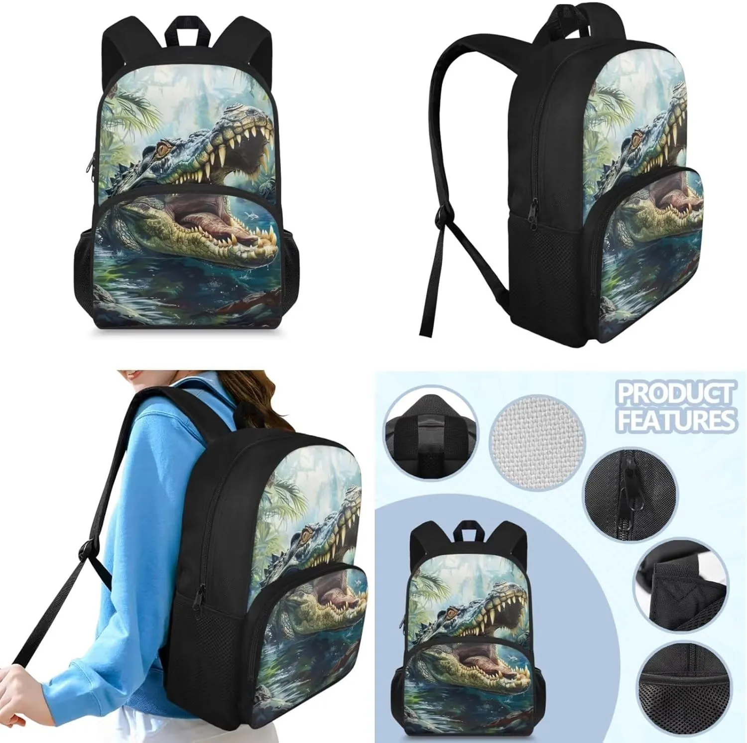 Crocodile Backpack for School Boys 6-7/10-12/5-6/8-9 with Lunch Box Kids Elementary Schoolbag Lunch Bag Pencil Case 15 Inch Book Bag for Girls 2nd Grade Back Pack Lunchbox Pencil Case Set