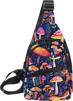 Crossbody Sling Backpack Sling Bag for Women Men, Colorful Mushroom Leaves Crossbody Fanny Packs Chest Bag with Adjustable Strap for Workout Running Traveling Hiking