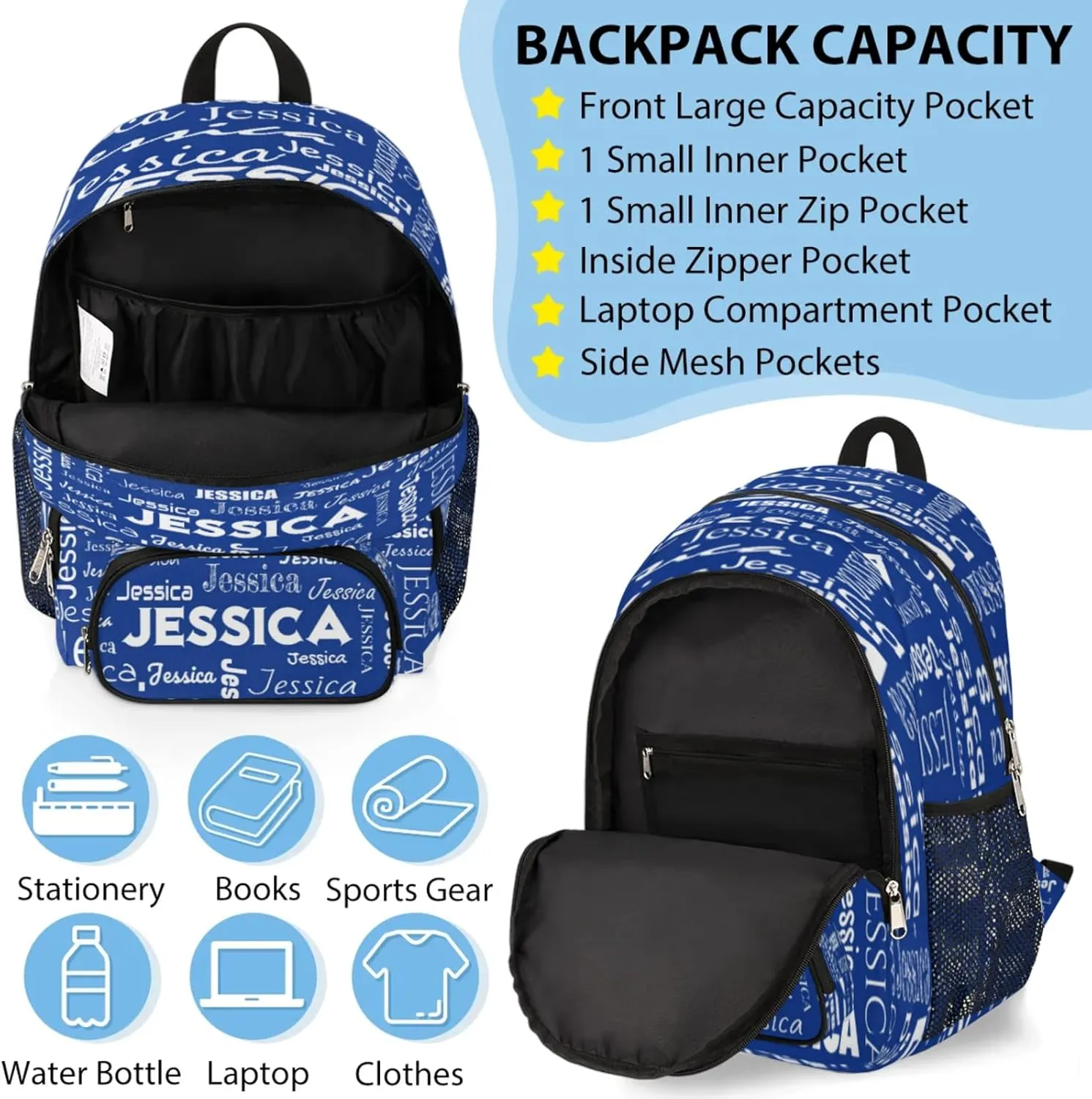 Custom Backpack and Lunch Box Set, Lightweight Personalized Name Backpack Set, Adjustable Customized Backpack Casual Daypack Lunch Bag, Cobalt Blue