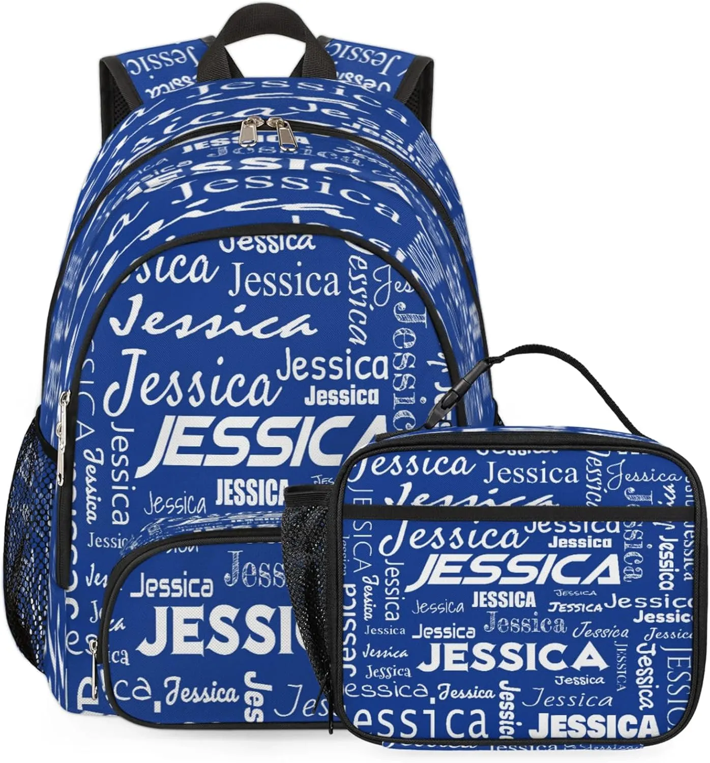 Custom Backpack and Lunch Box Set, Lightweight Personalized Name Backpack Set, Adjustable Customized Backpack Casual Daypack Lunch Bag, Cobalt Blue