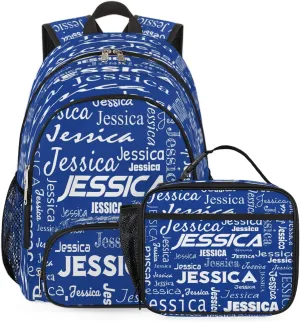 Custom Backpack and Lunch Box Set, Lightweight Personalized Name Backpack Set, Adjustable Customized Backpack Casual Daypack Lunch Bag, Cobalt Blue