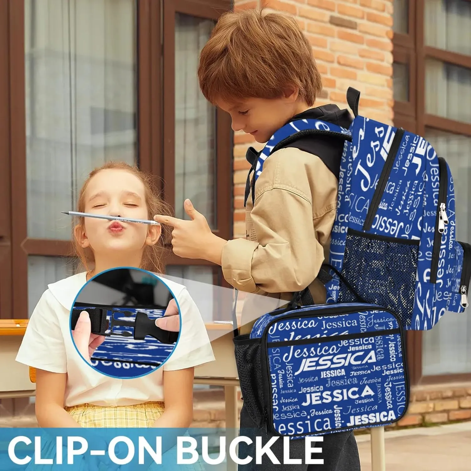 Custom Backpack and Lunch Box Set, Lightweight Personalized Name Backpack Set, Adjustable Customized Backpack Casual Daypack Lunch Bag, Cobalt Blue