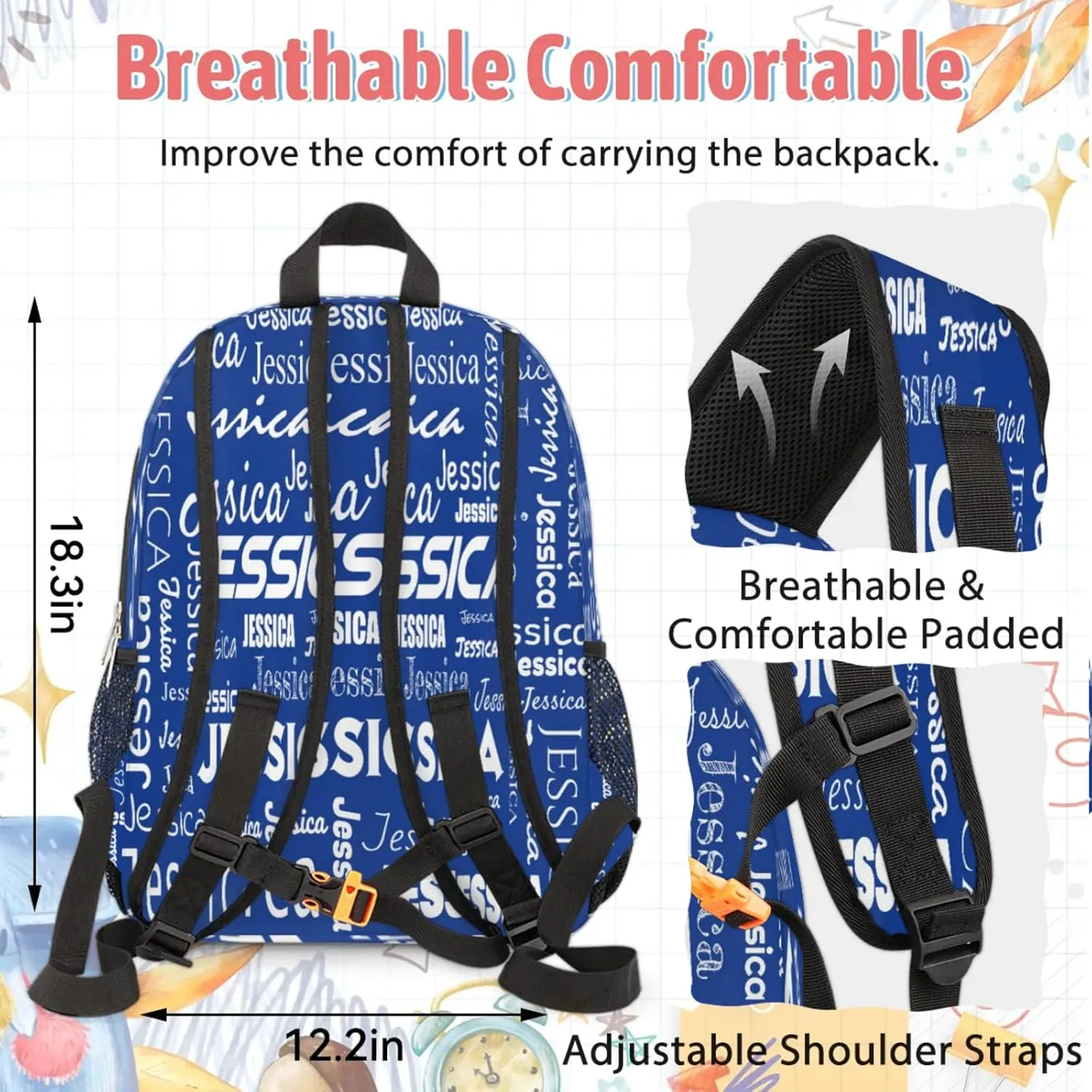 Custom Backpack and Lunch Box Set, Lightweight Personalized Name Backpack Set, Adjustable Customized Backpack Casual Daypack Lunch Bag, Cobalt Blue
