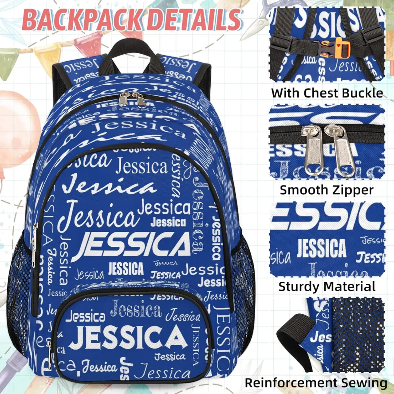 Custom Backpack and Lunch Box Set, Lightweight Personalized Name Backpack Set, Adjustable Customized Backpack Casual Daypack Lunch Bag, Cobalt Blue
