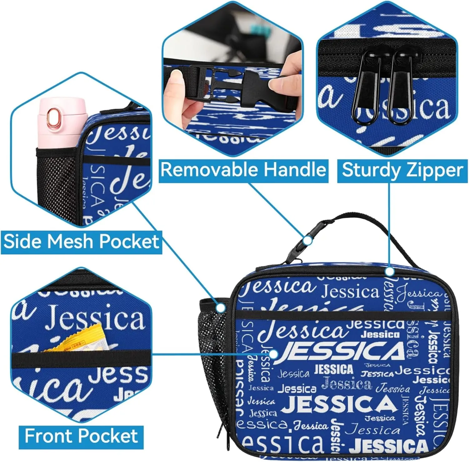 Custom Backpack and Lunch Box Set, Lightweight Personalized Name Backpack Set, Adjustable Customized Backpack Casual Daypack Lunch Bag, Cobalt Blue