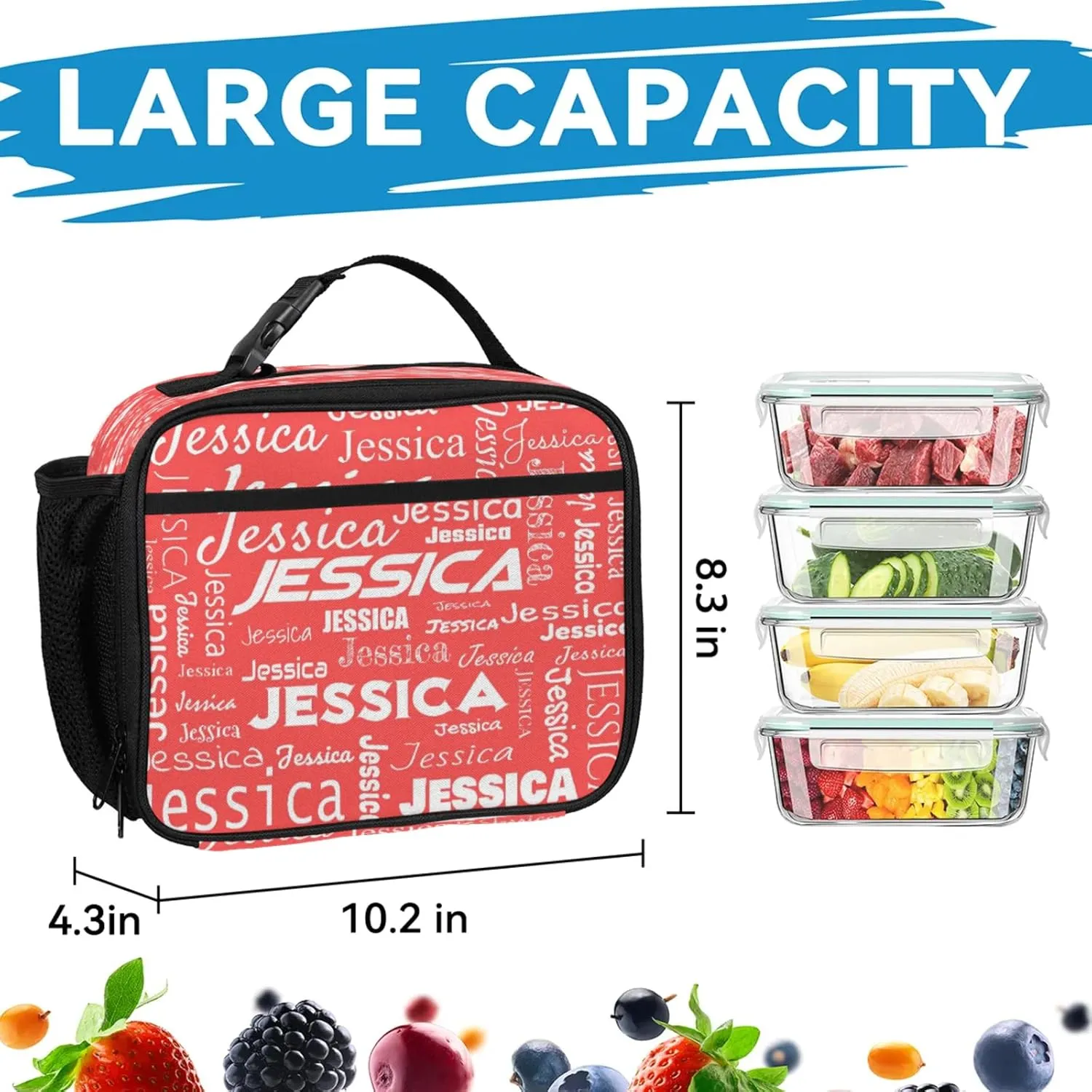 Custom Backpack and Lunch Box Set, Lightweight Personalized Name Backpack Set, Adjustable Customized Backpack Casual Daypack Lunch Bag, Coral Red
