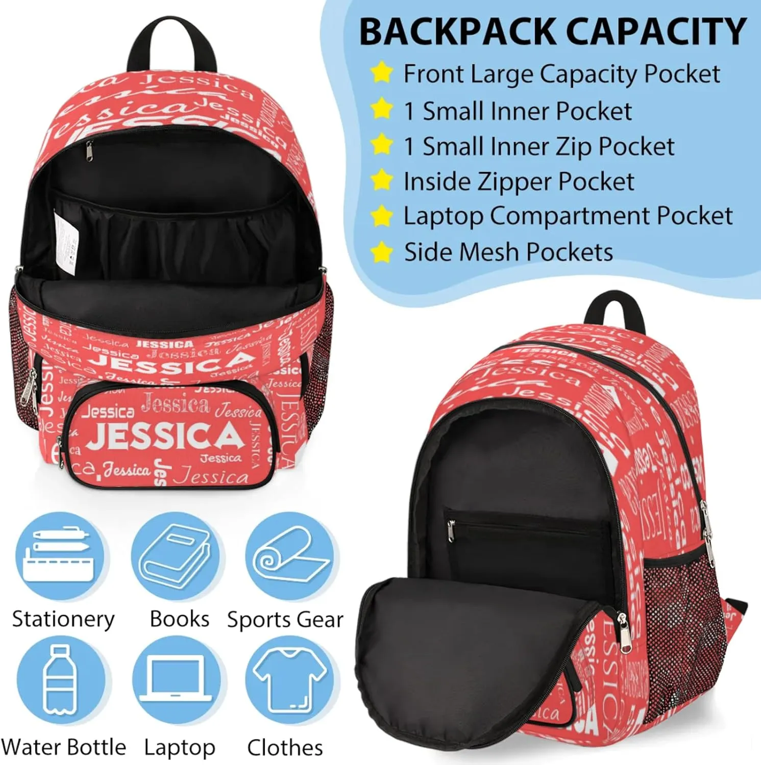 Custom Backpack and Lunch Box Set, Lightweight Personalized Name Backpack Set, Adjustable Customized Backpack Casual Daypack Lunch Bag, Coral Red