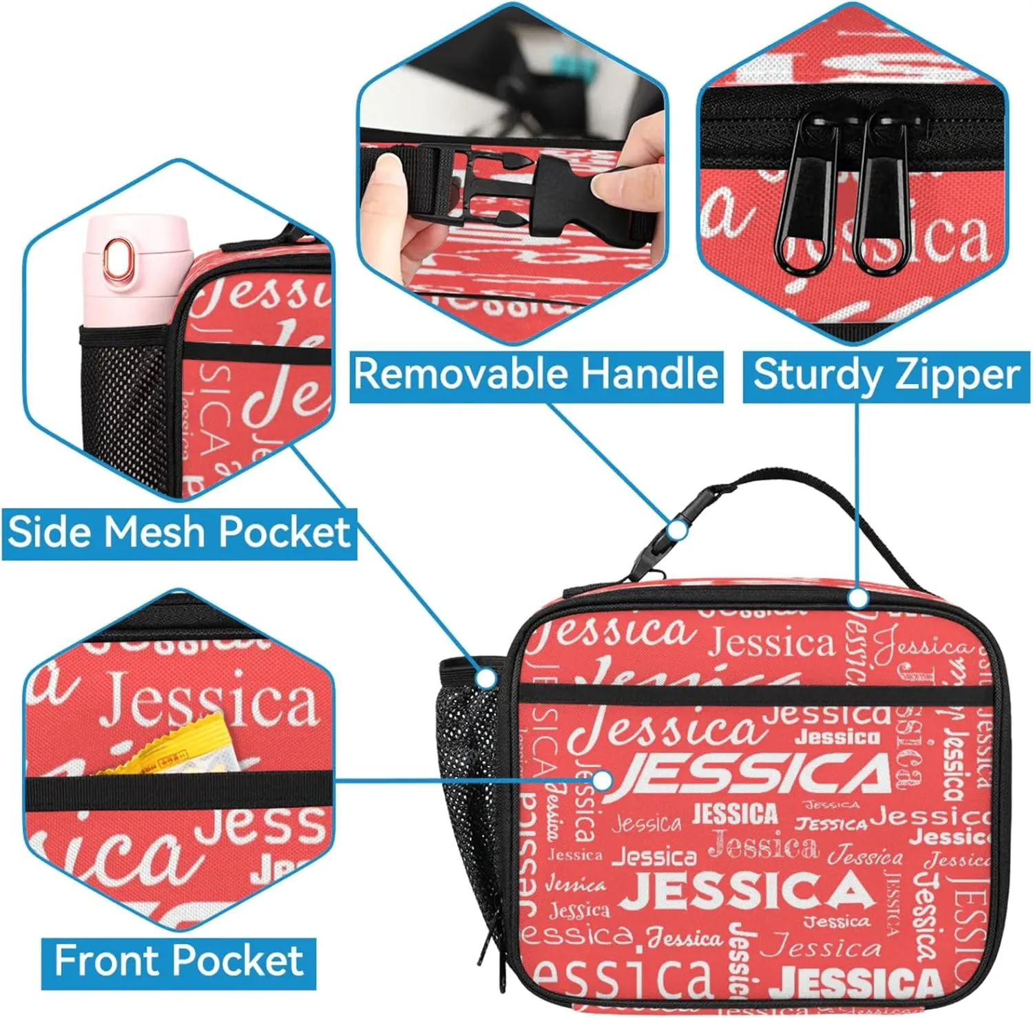 Custom Backpack and Lunch Box Set, Lightweight Personalized Name Backpack Set, Adjustable Customized Backpack Casual Daypack Lunch Bag, Coral Red