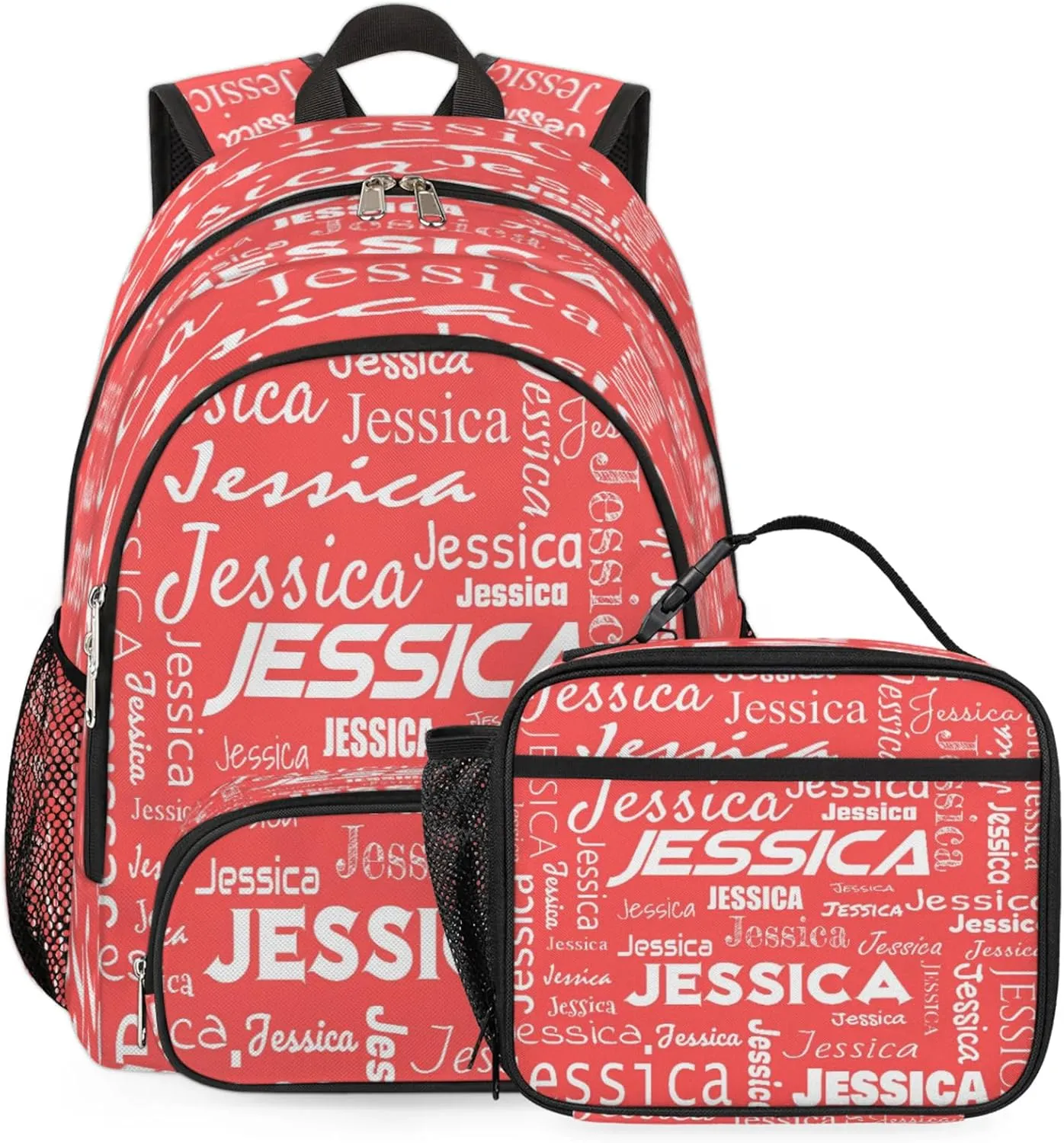 Custom Backpack and Lunch Box Set, Lightweight Personalized Name Backpack Set, Adjustable Customized Backpack Casual Daypack Lunch Bag, Coral Red