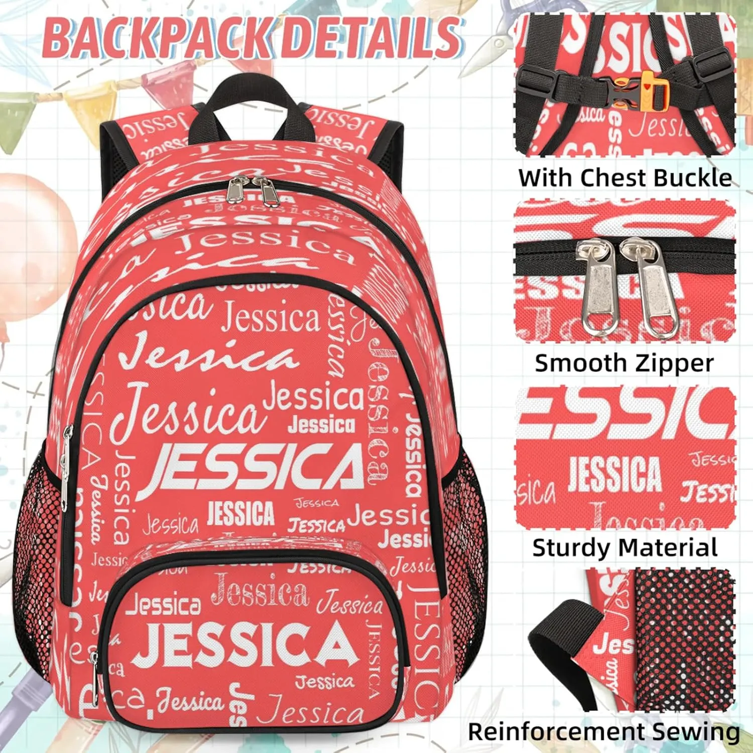 Custom Backpack and Lunch Box Set, Lightweight Personalized Name Backpack Set, Adjustable Customized Backpack Casual Daypack Lunch Bag, Coral Red