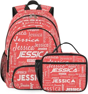 Custom Backpack and Lunch Box Set, Lightweight Personalized Name Backpack Set, Adjustable Customized Backpack Casual Daypack Lunch Bag, Coral Red