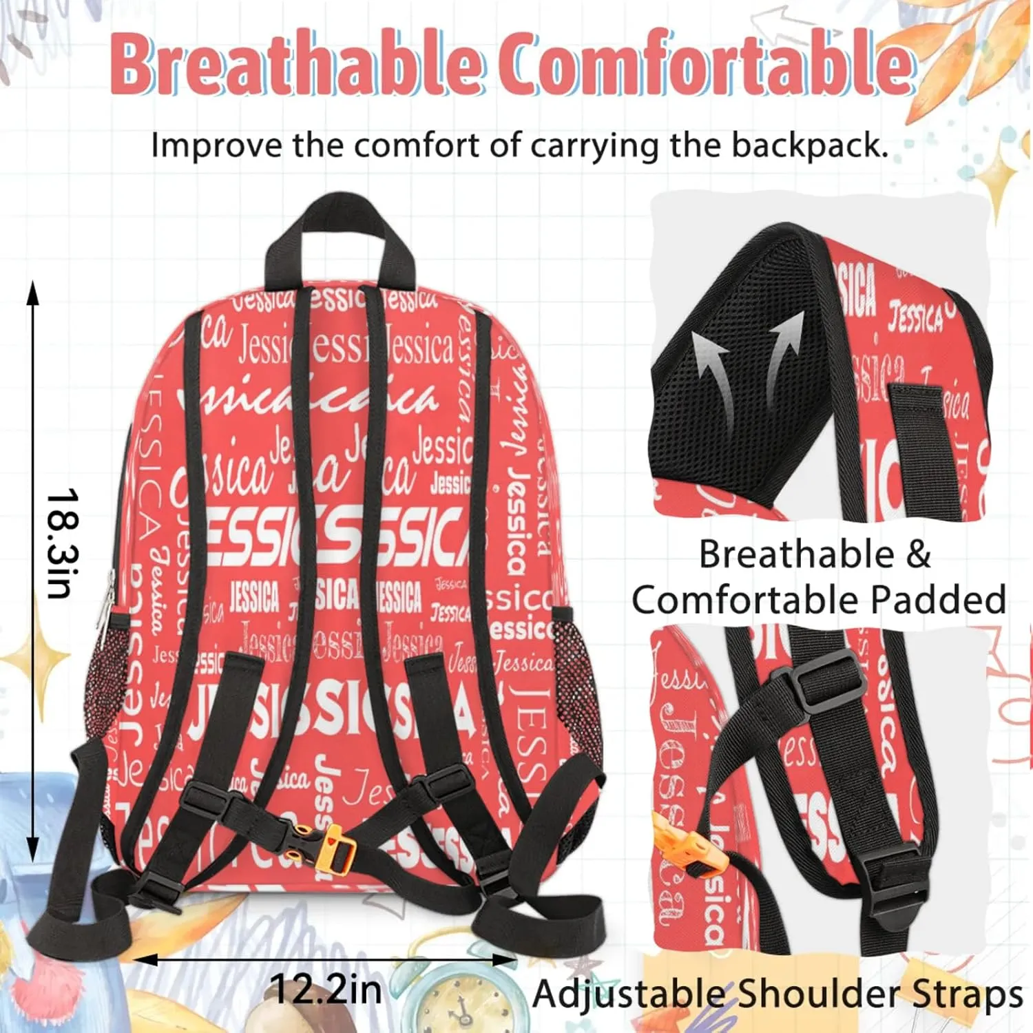 Custom Backpack and Lunch Box Set, Lightweight Personalized Name Backpack Set, Adjustable Customized Backpack Casual Daypack Lunch Bag, Coral Red