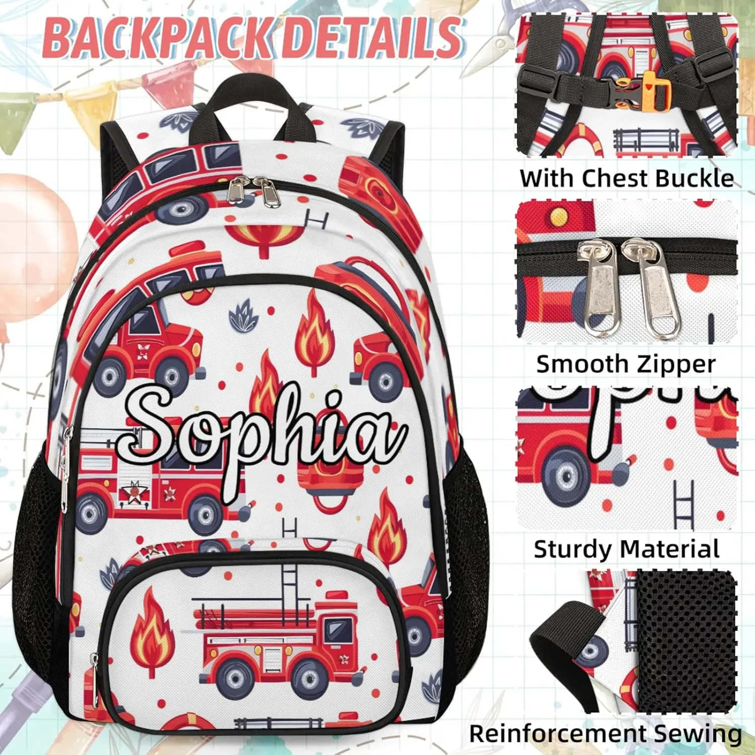 Custom Backpack Lunch Bag Sets, Customized Fire Truck Lunch Box and Backpack with Name, Personalized Shoulder Bag Daypack, Transportation Vehicles