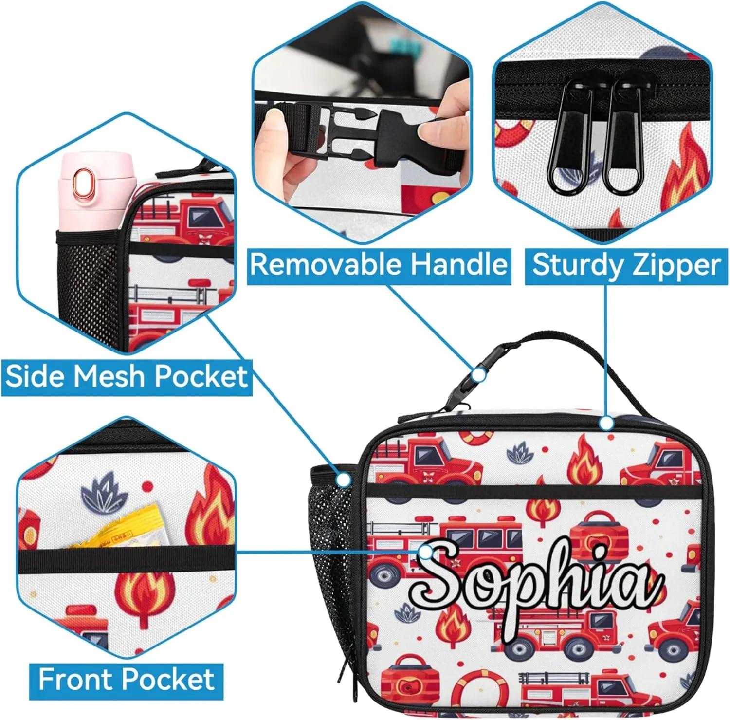 Custom Backpack Lunch Bag Sets, Customized Fire Truck Lunch Box and Backpack with Name, Personalized Shoulder Bag Daypack, Transportation Vehicles