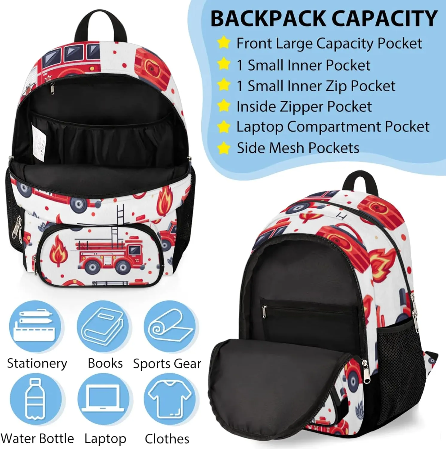 Custom Backpack Lunch Bag Sets, Customized Fire Truck Lunch Box and Backpack with Name, Personalized Shoulder Bag Daypack, Transportation Vehicles