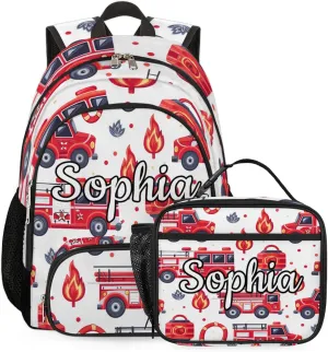 Custom Backpack Lunch Bag Sets, Customized Fire Truck Lunch Box and Backpack with Name, Personalized Shoulder Bag Daypack, Transportation Vehicles