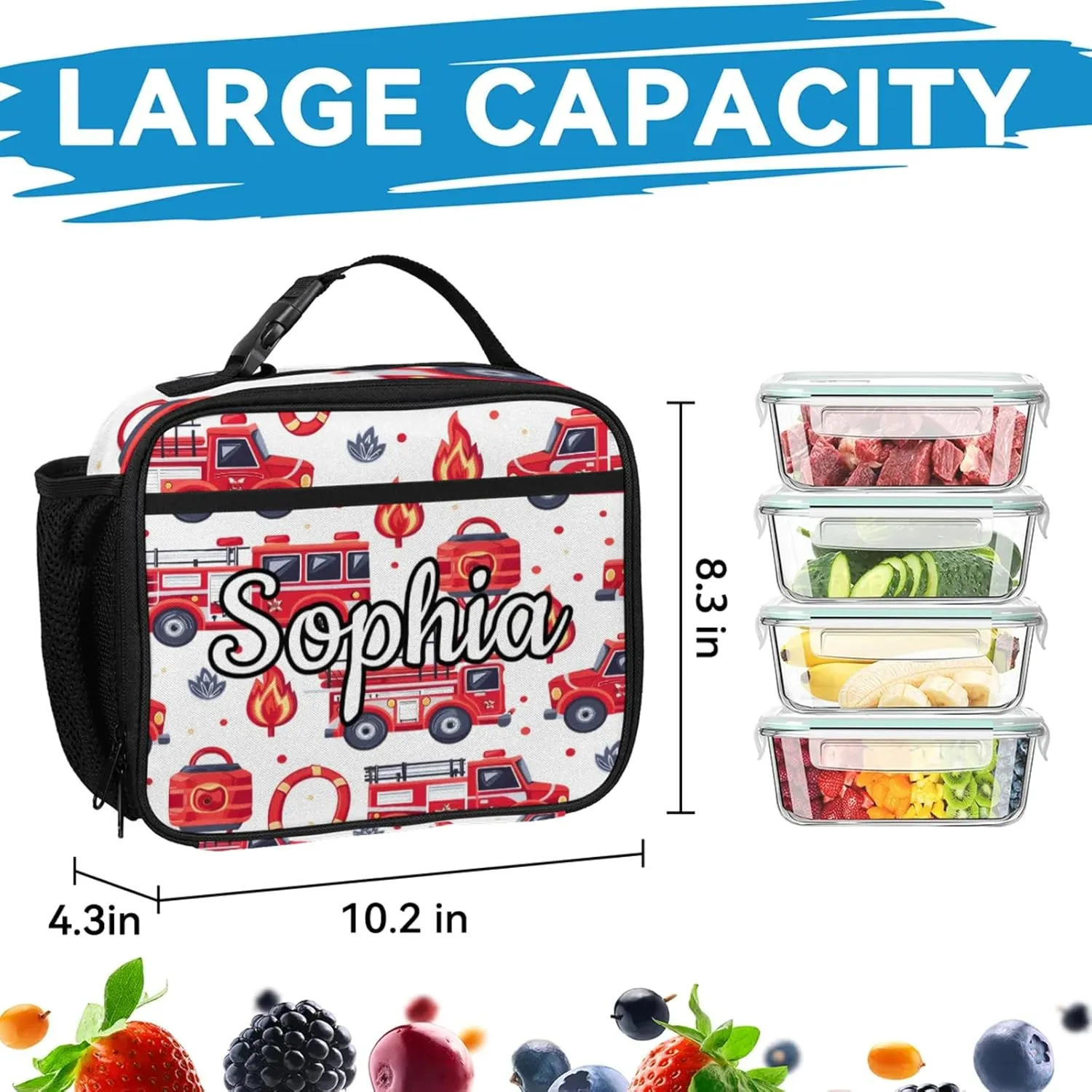 Custom Backpack Lunch Bag Sets, Customized Fire Truck Lunch Box and Backpack with Name, Personalized Shoulder Bag Daypack, Transportation Vehicles
