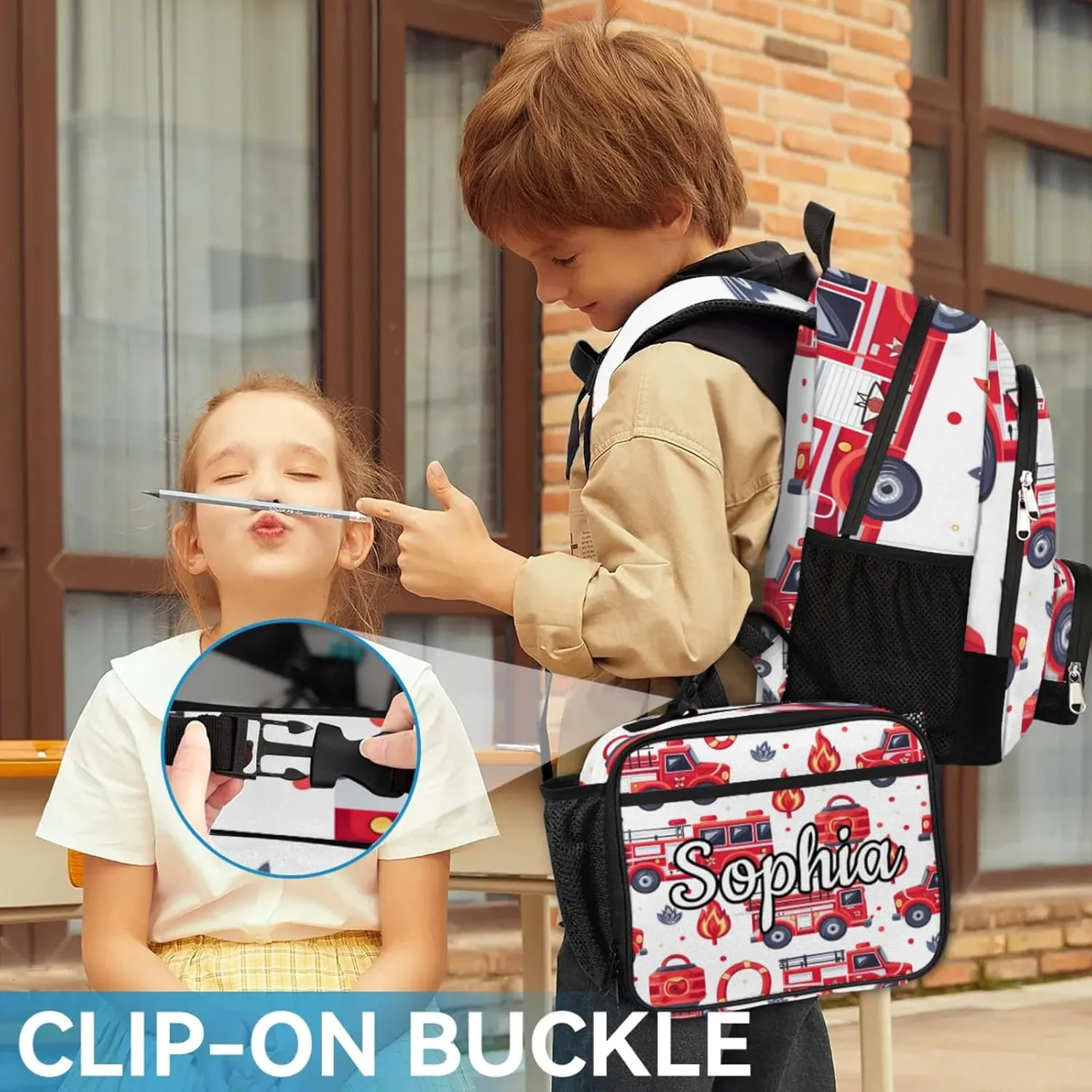 Custom Backpack Lunch Bag Sets, Customized Fire Truck Lunch Box and Backpack with Name, Personalized Shoulder Bag Daypack, Transportation Vehicles