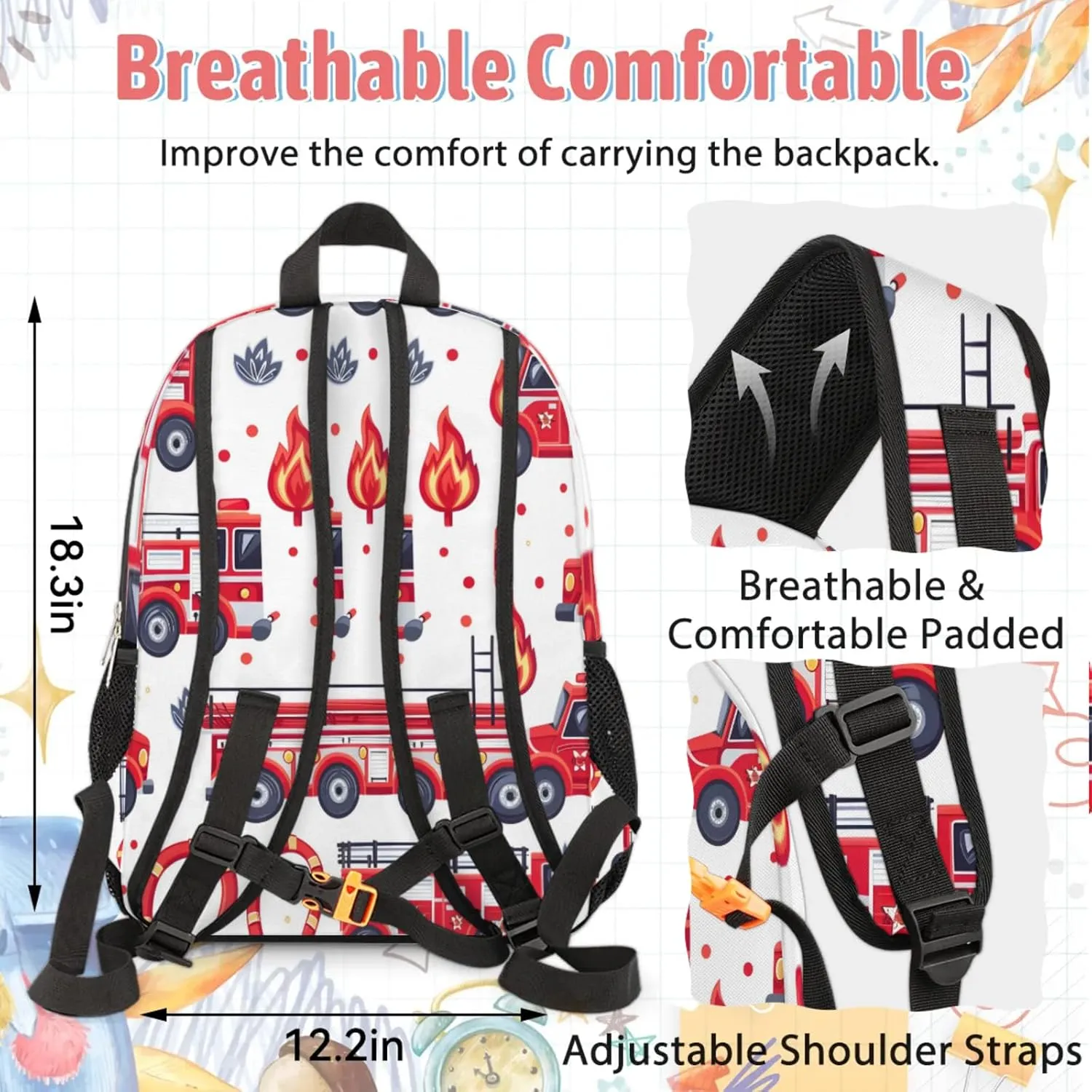 Custom Backpack Lunch Bag Sets, Customized Fire Truck Lunch Box and Backpack with Name, Personalized Shoulder Bag Daypack, Transportation Vehicles