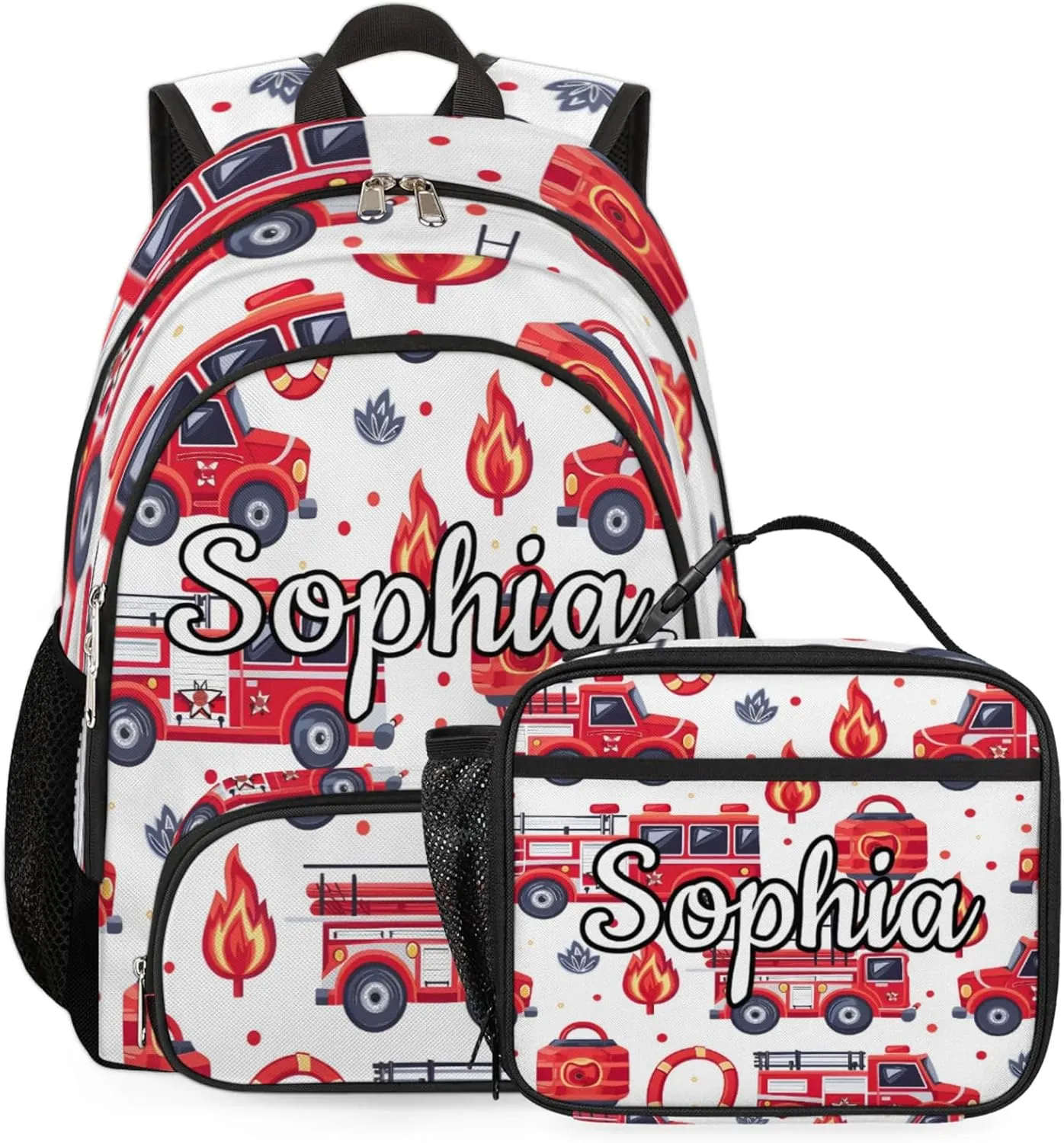 Custom Backpack Lunch Bag Sets, Customized Fire Truck Lunch Box and Backpack with Name, Personalized Shoulder Bag Daypack, Transportation Vehicles