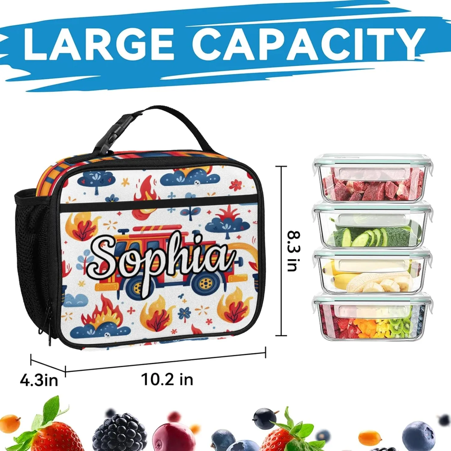 Custom Backpack Lunch Bag Sets, Customized Transportation Vehicles Lunch Box and Backpack with Name, Personalized Shoulder Bag Daypack, Fire Truck