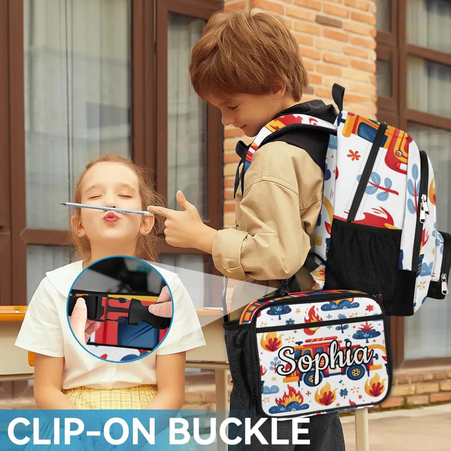 Custom Backpack Lunch Bag Sets, Customized Transportation Vehicles Lunch Box and Backpack with Name, Personalized Shoulder Bag Daypack, Fire Truck