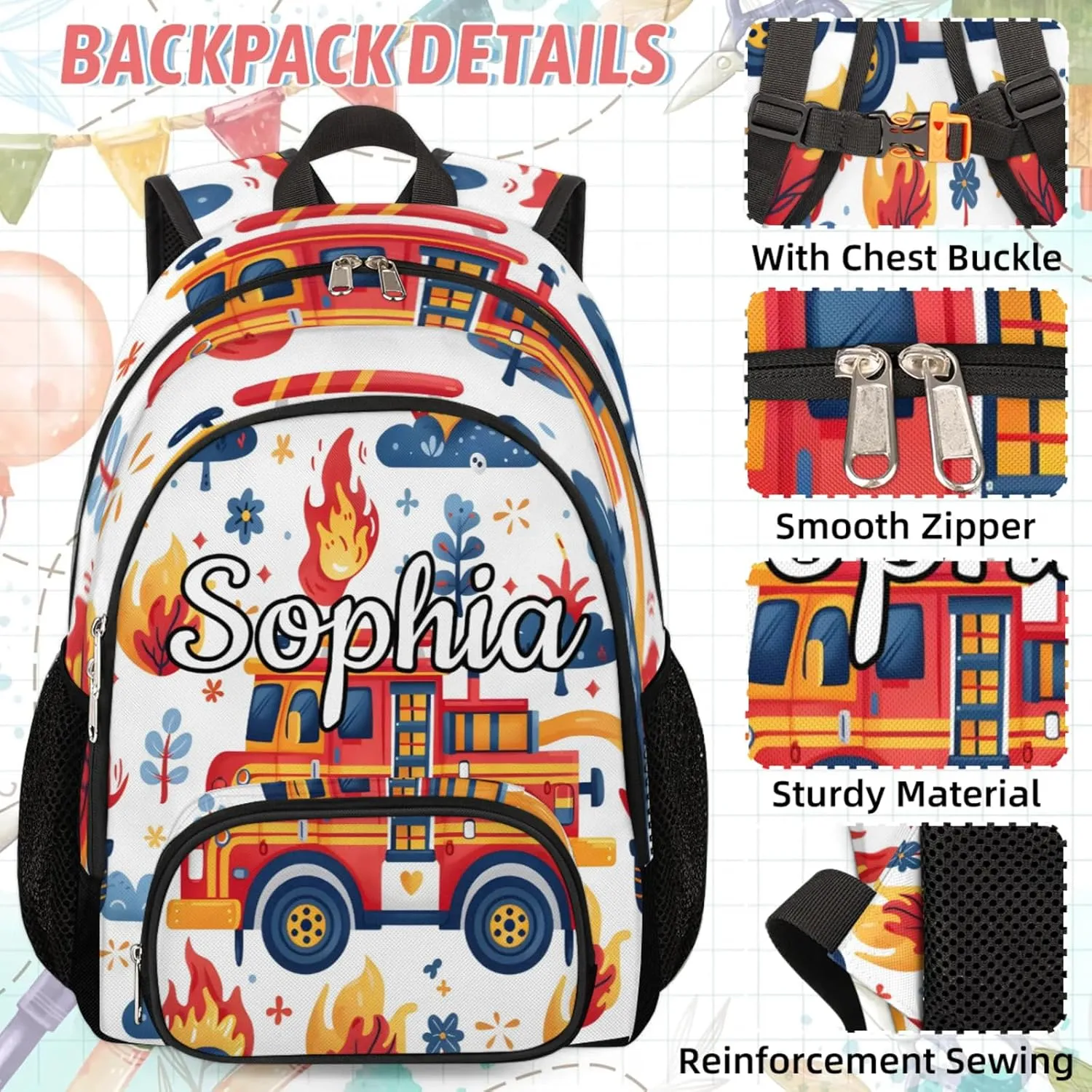 Custom Backpack Lunch Bag Sets, Customized Transportation Vehicles Lunch Box and Backpack with Name, Personalized Shoulder Bag Daypack, Fire Truck