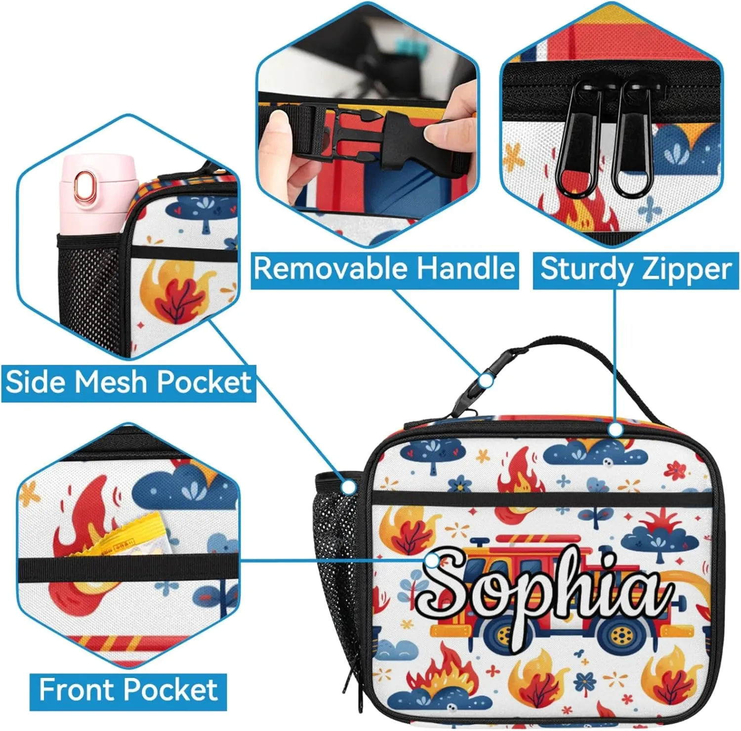 Custom Backpack Lunch Bag Sets, Customized Transportation Vehicles Lunch Box and Backpack with Name, Personalized Shoulder Bag Daypack, Fire Truck