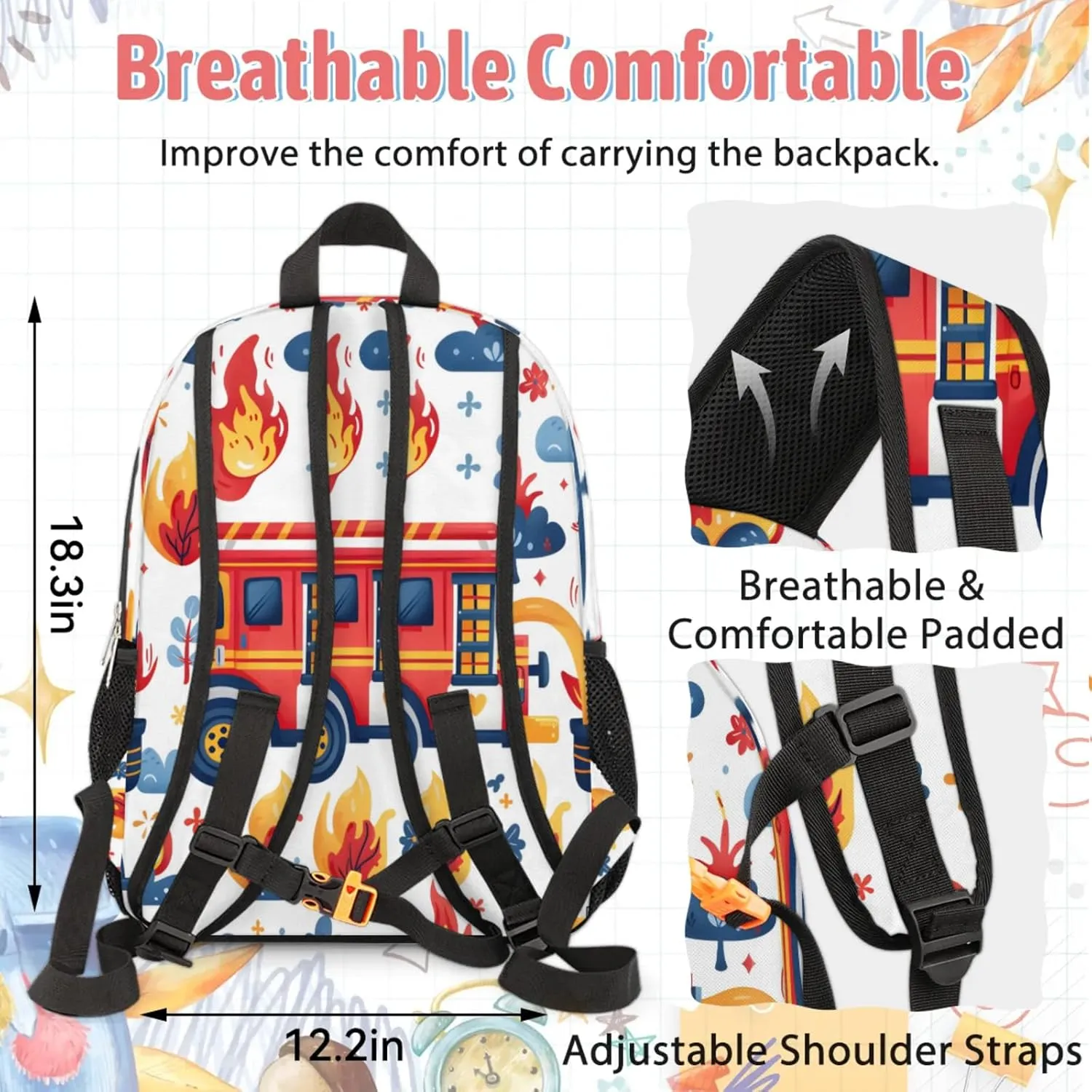 Custom Backpack Lunch Bag Sets, Customized Transportation Vehicles Lunch Box and Backpack with Name, Personalized Shoulder Bag Daypack, Fire Truck