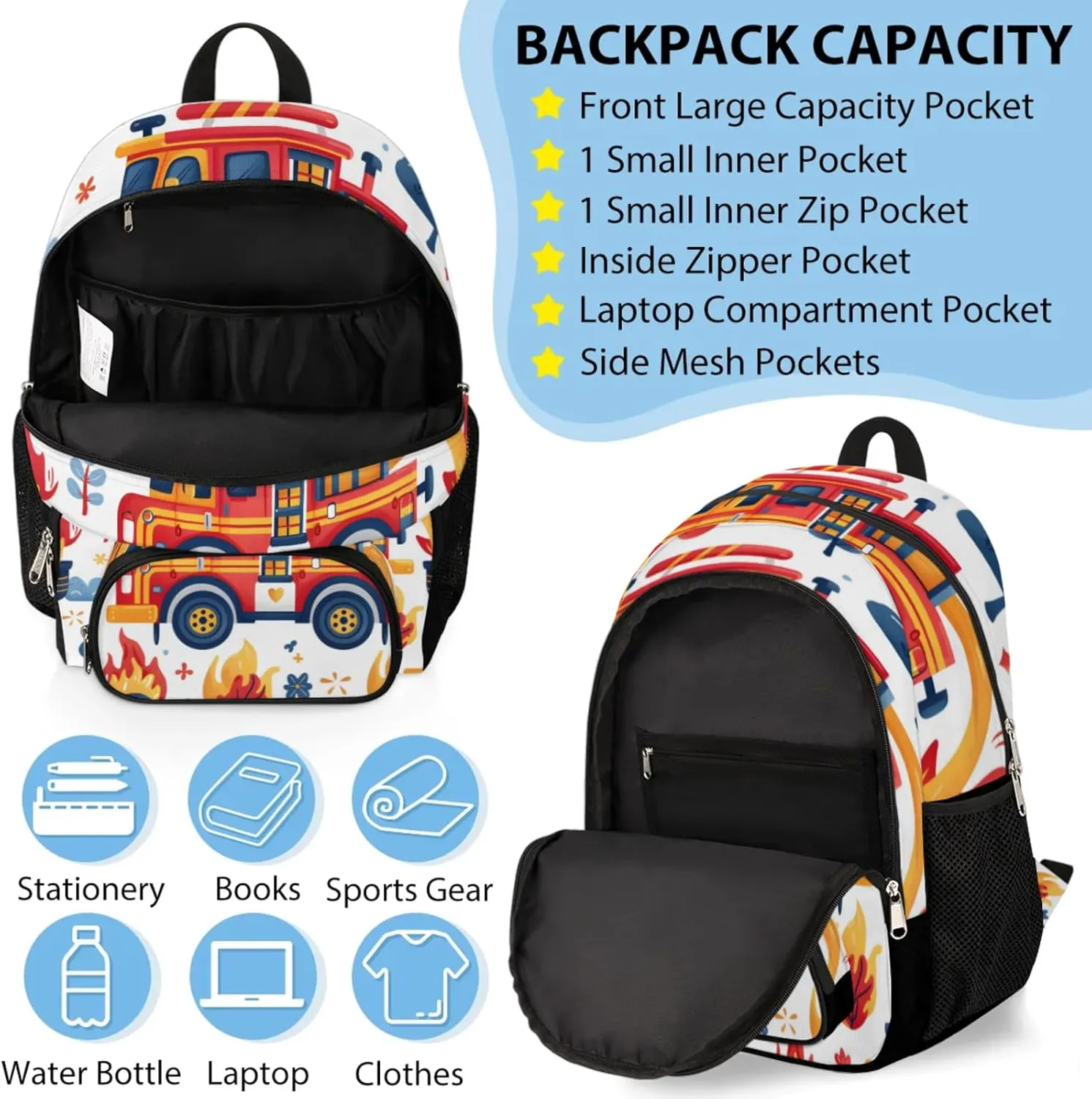 Custom Backpack Lunch Bag Sets, Customized Transportation Vehicles Lunch Box and Backpack with Name, Personalized Shoulder Bag Daypack, Fire Truck
