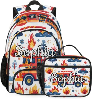 Custom Backpack Lunch Bag Sets, Customized Transportation Vehicles Lunch Box and Backpack with Name, Personalized Shoulder Bag Daypack, Fire Truck