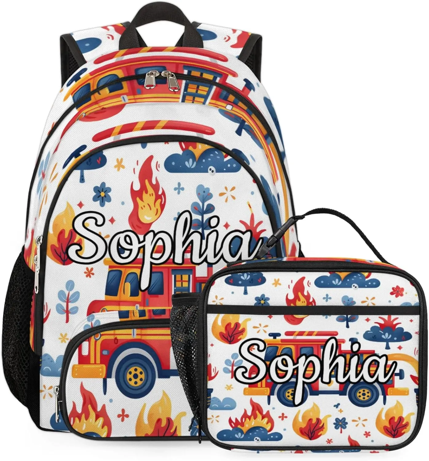 Custom Backpack Lunch Bag Sets, Customized Transportation Vehicles Lunch Box and Backpack with Name, Personalized Shoulder Bag Daypack, Fire Truck