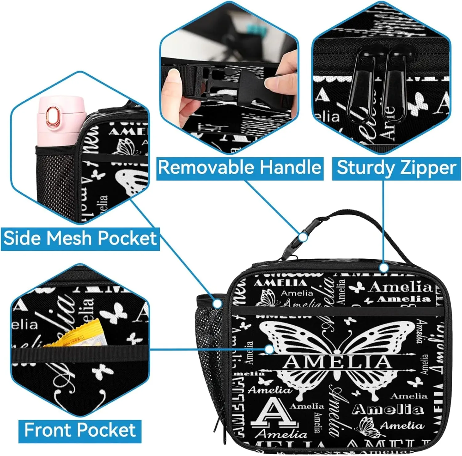 Custom Backpacks with Lunch Bag Set for Women Men, Personalized Name Backpack and Portable Lunch Box, Lightweight Black Butterfly BackPack