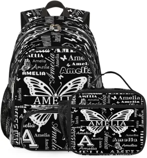 Custom Backpacks with Lunch Bag Set for Women Men, Personalized Name Backpack and Portable Lunch Box, Lightweight Black Butterfly BackPack