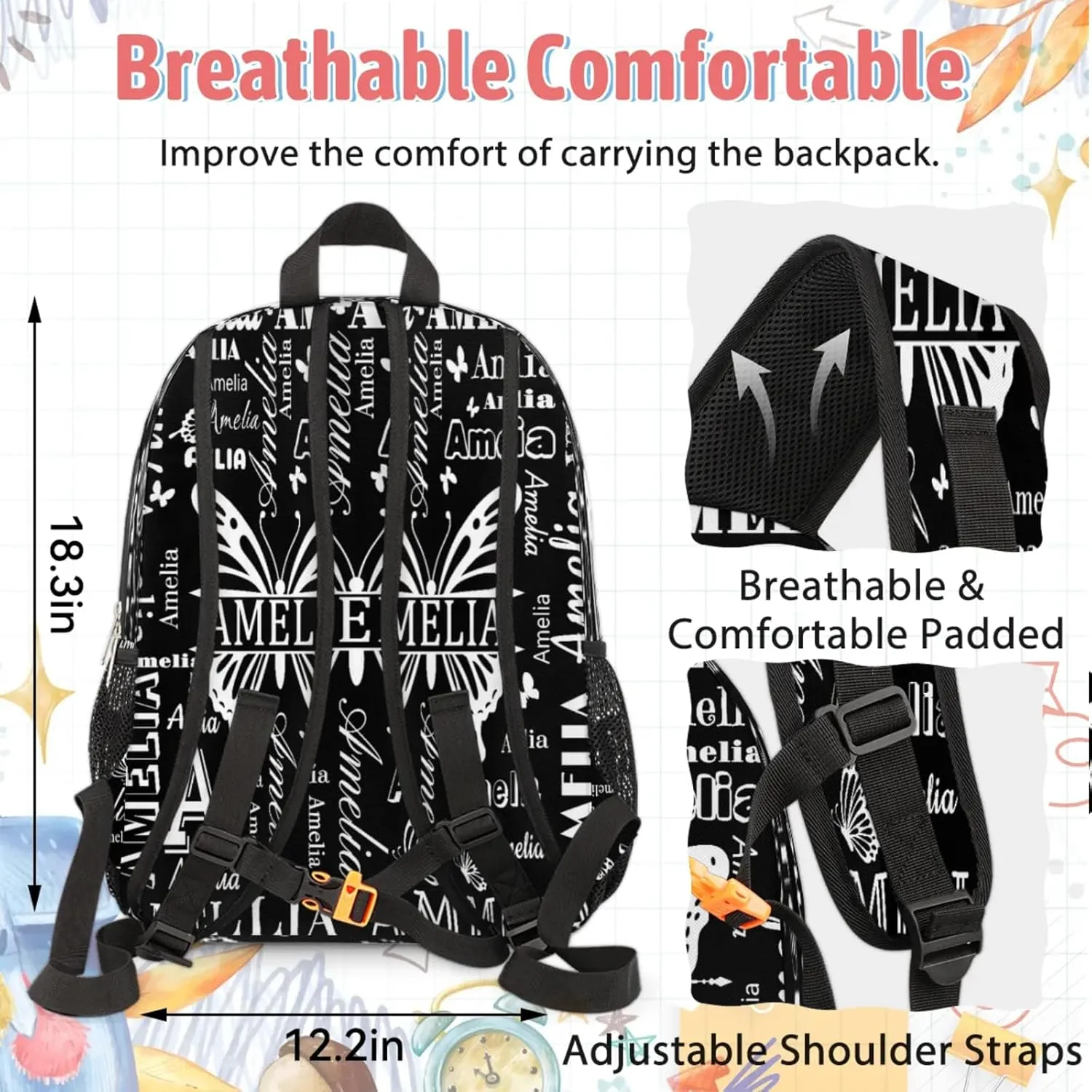 Custom Backpacks with Lunch Bag Set for Women Men, Personalized Name Backpack and Portable Lunch Box, Lightweight Black Butterfly BackPack