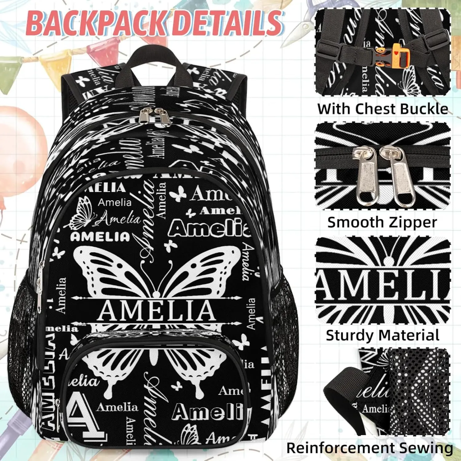 Custom Backpacks with Lunch Bag Set for Women Men, Personalized Name Backpack and Portable Lunch Box, Lightweight Black Butterfly BackPack
