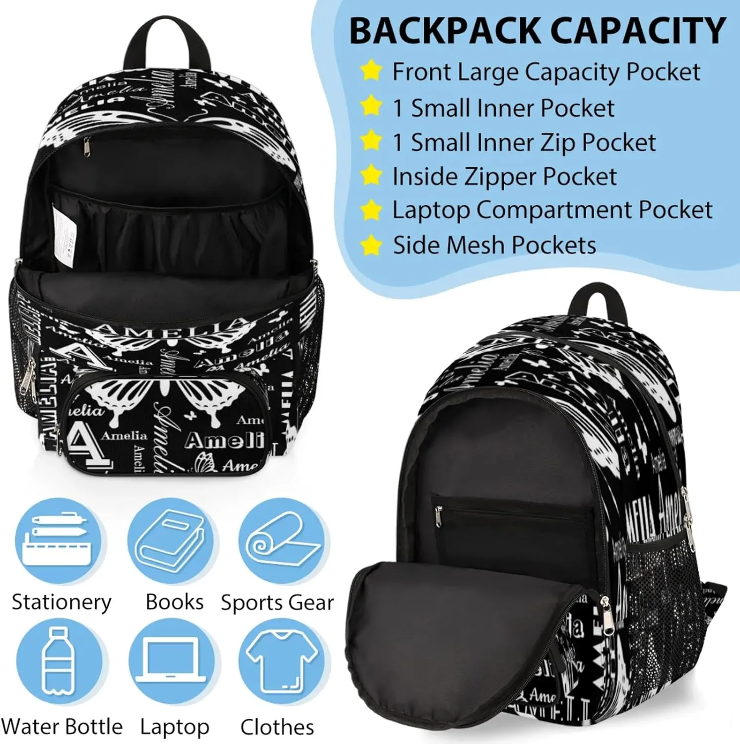 Custom Backpacks with Lunch Bag Set for Women Men, Personalized Name Backpack and Portable Lunch Box, Lightweight Black Butterfly BackPack