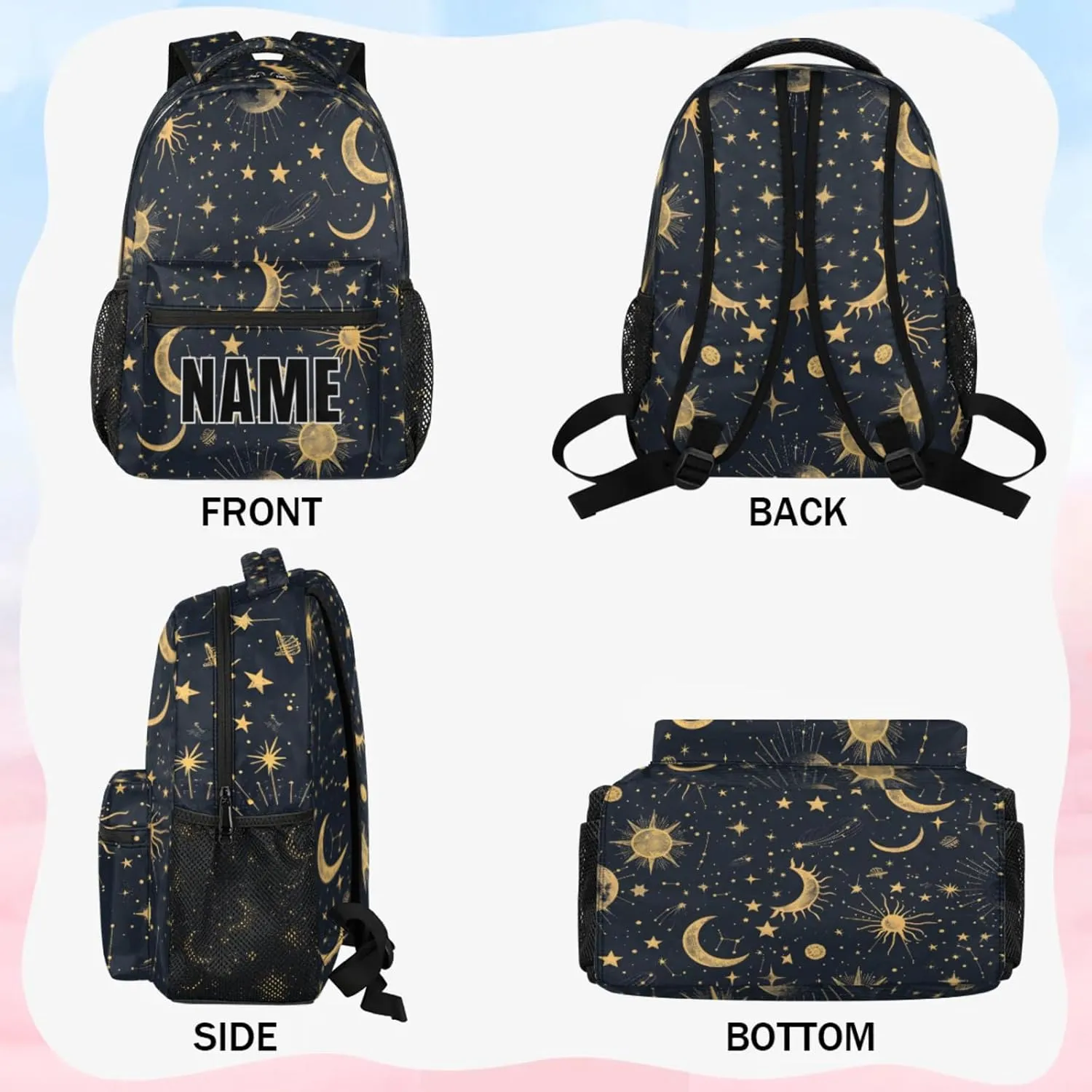 Custom Boho Sun Moon Backpack with Name Personalized Waterproof Casual Daypack Modern Stars Gothic Customize Laptop Backpacks for Women Men
