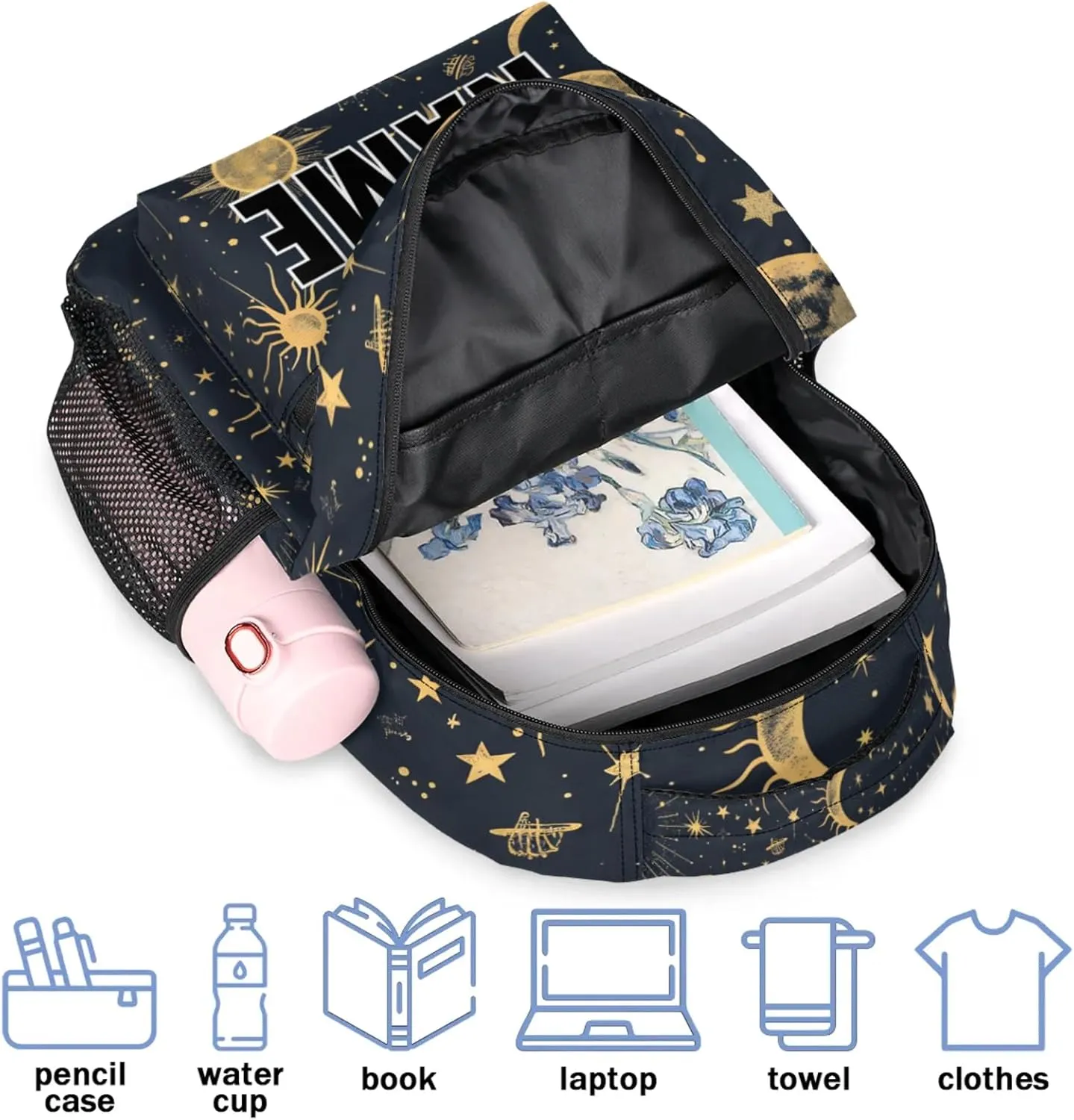 Custom Boho Sun Moon Backpack with Name Personalized Waterproof Casual Daypack Modern Stars Gothic Customize Laptop Backpacks for Women Men