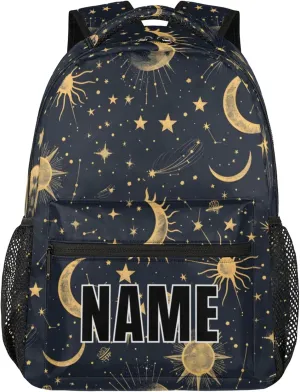 Custom Boho Sun Moon Backpack with Name Personalized Waterproof Casual Daypack Modern Stars Gothic Customize Laptop Backpacks for Women Men