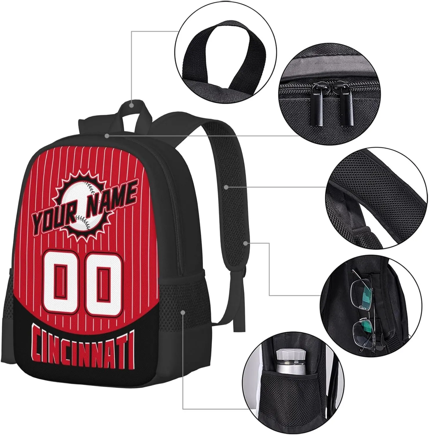 Custom Cincinnati Backpack for Boy Girl Personalized Name Number High Capacity School Backpacks Laptop Bag Casual Travel Backpack Men Women