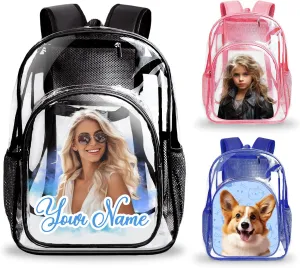 Custom Clear Backpack Stadium Approved, Personalized Clear Backpack for Grils Boys Women Men, Clear Backpack Heavy Duty for School College Workplace, Clear Bag with Photo/Text