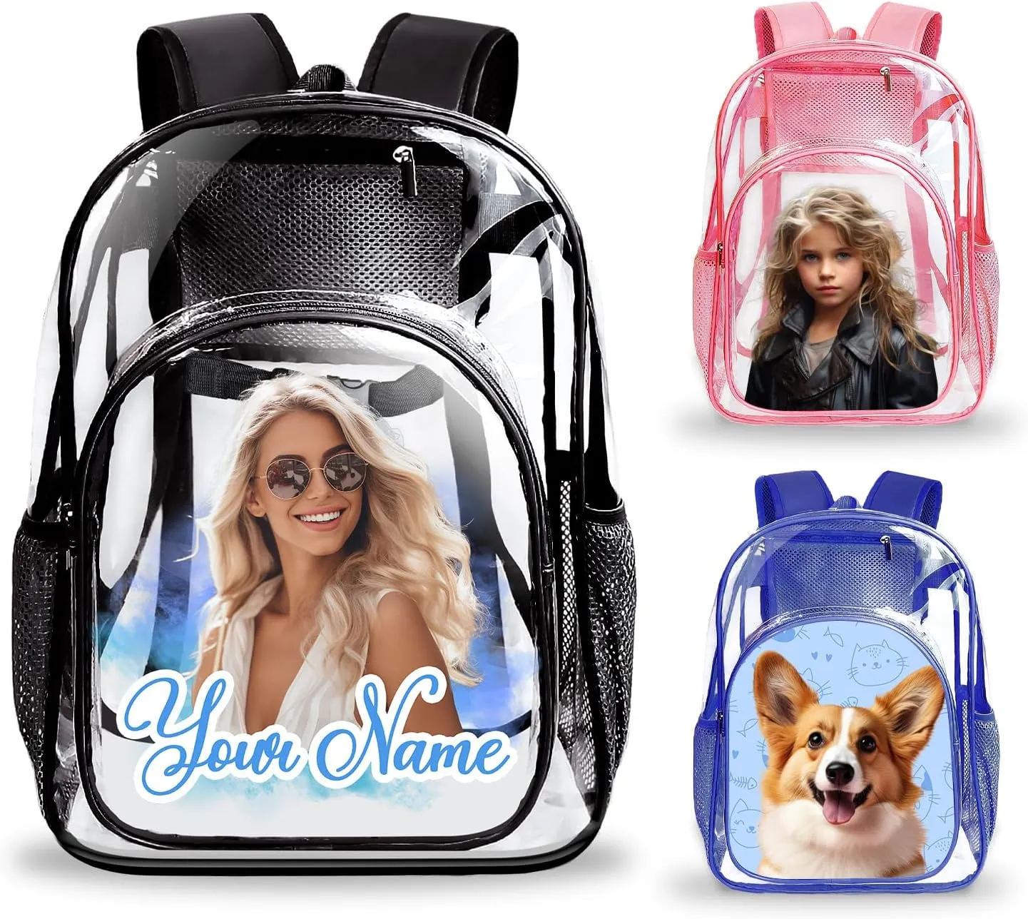 Custom Clear Backpack Stadium Approved, Personalized Clear Backpack for Grils Boys Women Men, Clear Backpack Heavy Duty for School College Workplace, Clear Bag with Photo/Text