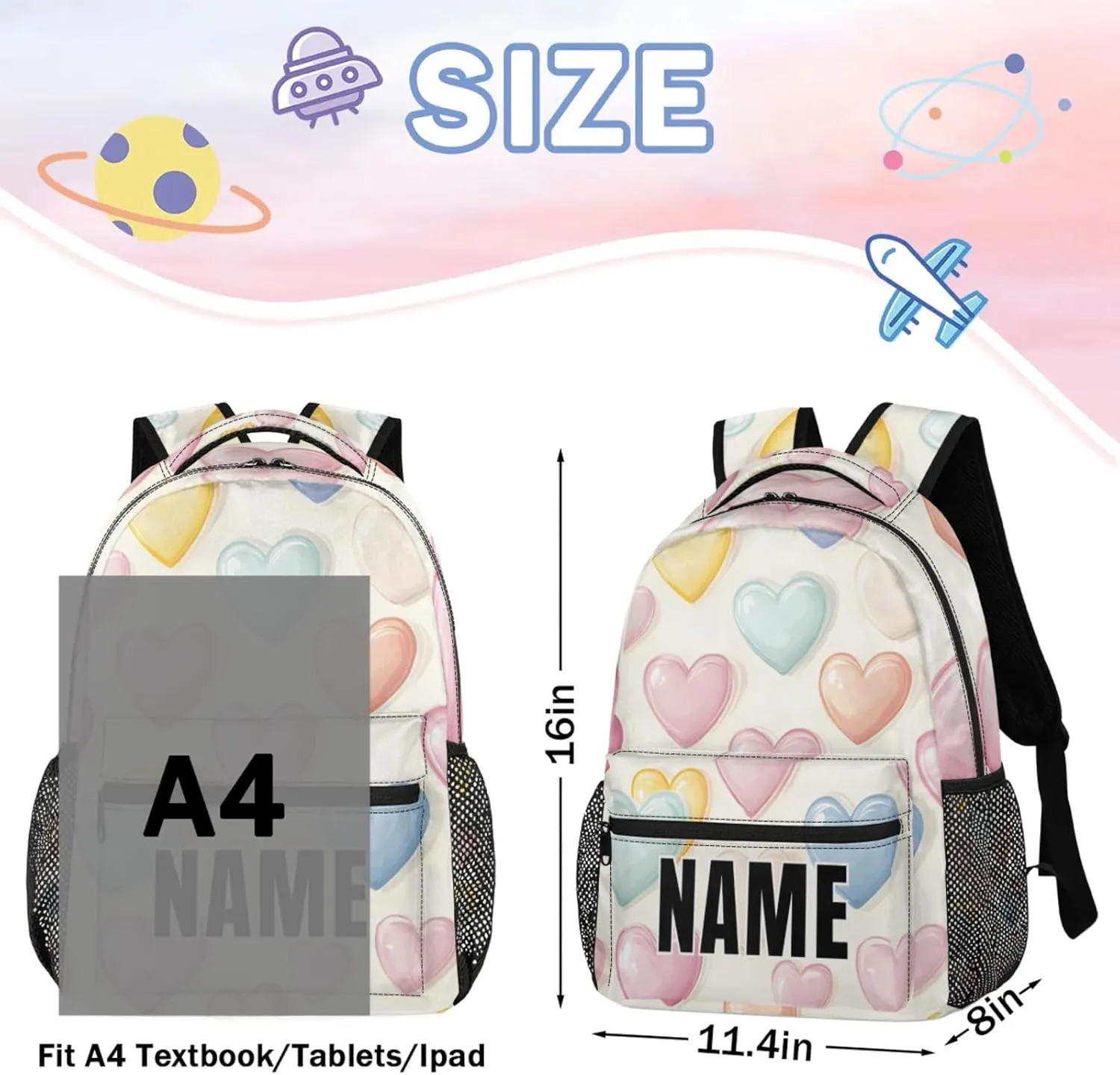 Custom Colorful Heart Backpack with Name Personalized Waterproof Casual Daypack Rainbow Romantic Customize Laptop Backpacks for Women Men