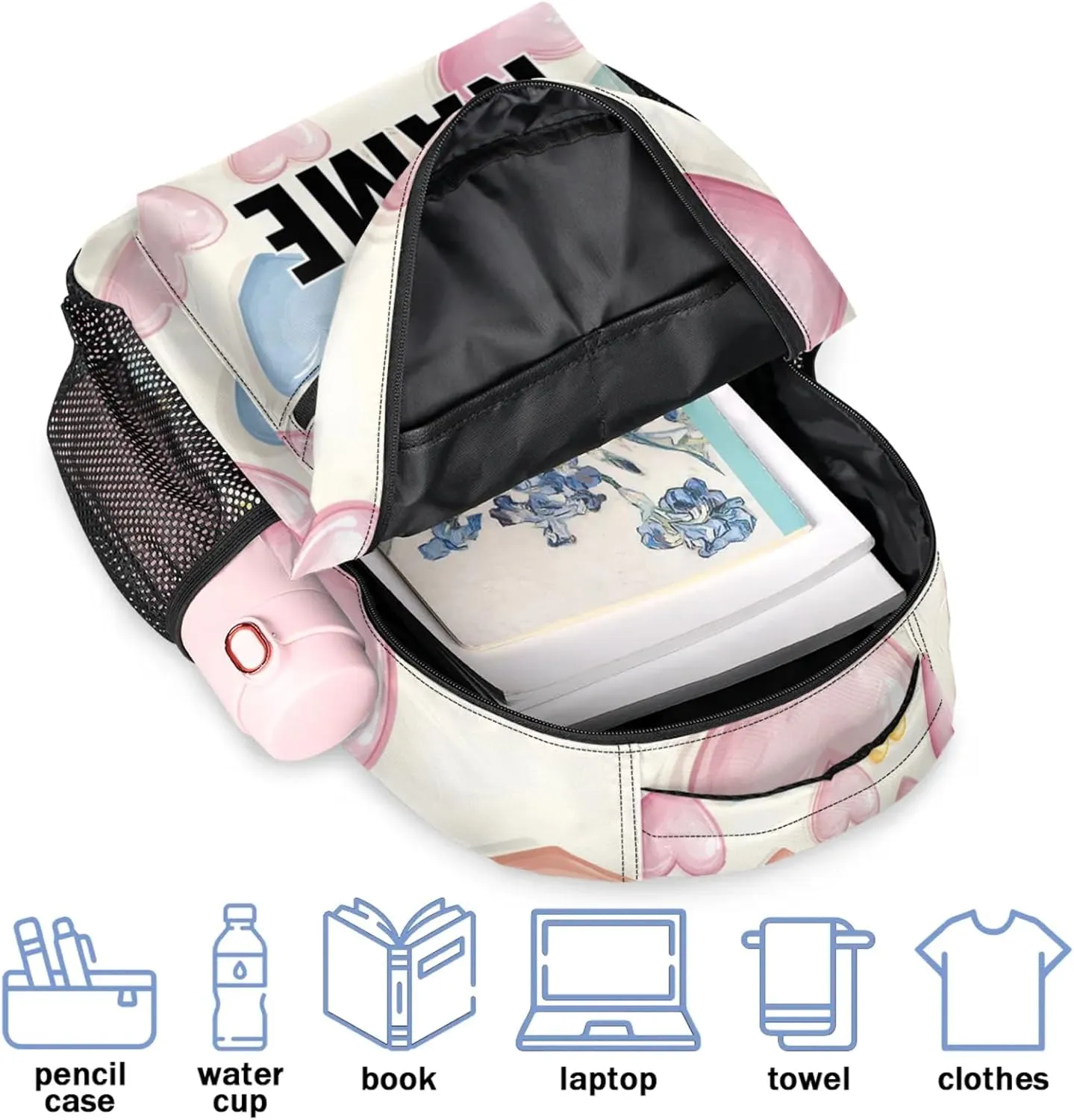 Custom Colorful Heart Backpack with Name Personalized Waterproof Casual Daypack Rainbow Romantic Customize Laptop Backpacks for Women Men