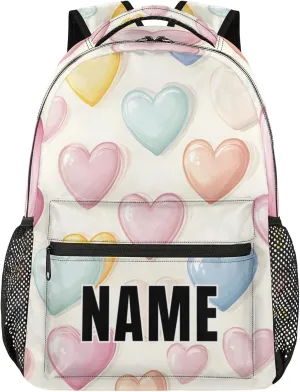 Custom Colorful Heart Backpack with Name Personalized Waterproof Casual Daypack Rainbow Romantic Customize Laptop Backpacks for Women Men
