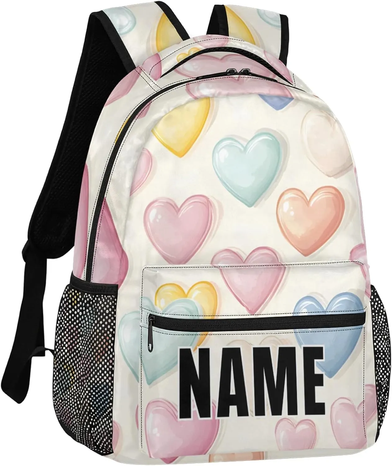 Custom Colorful Heart Backpack with Name Personalized Waterproof Casual Daypack Rainbow Romantic Customize Laptop Backpacks for Women Men