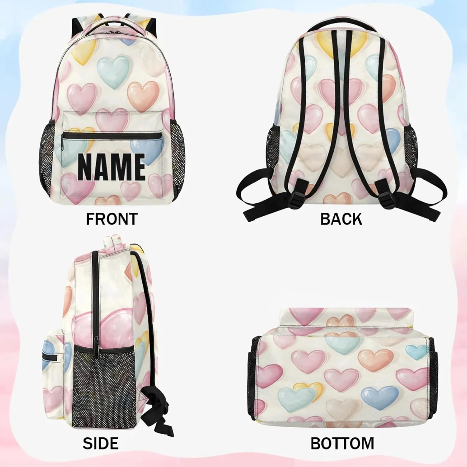 Custom Colorful Heart Backpack with Name Personalized Waterproof Casual Daypack Rainbow Romantic Customize Laptop Backpacks for Women Men