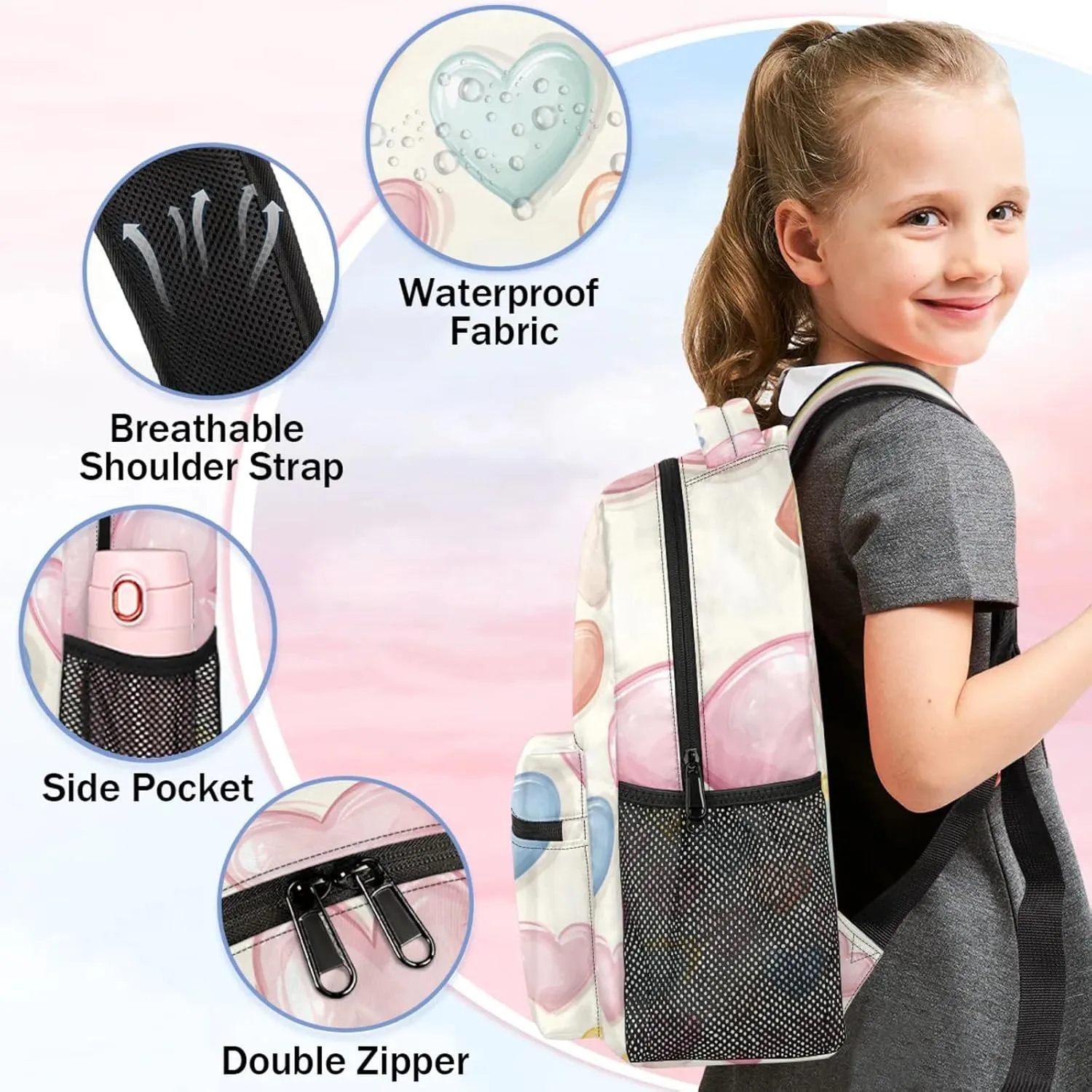 Custom Colorful Heart Backpack with Name Personalized Waterproof Casual Daypack Rainbow Romantic Customize Laptop Backpacks for Women Men