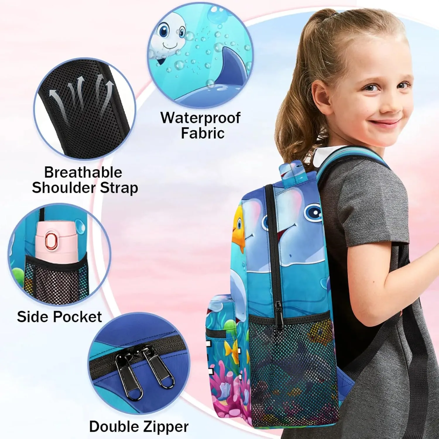 Custom Cute Dolphin Backpack with Name Personalized Waterproof Casual Daypack Blue Sea World Customize Laptop Backpacks for Women Men